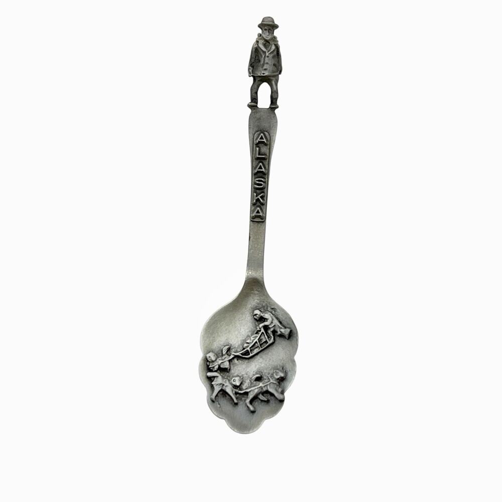 Souvenir Spoon Alaska Pewter Sculptural Dog Sled Musher 3D Small 3.75 Inch Long
